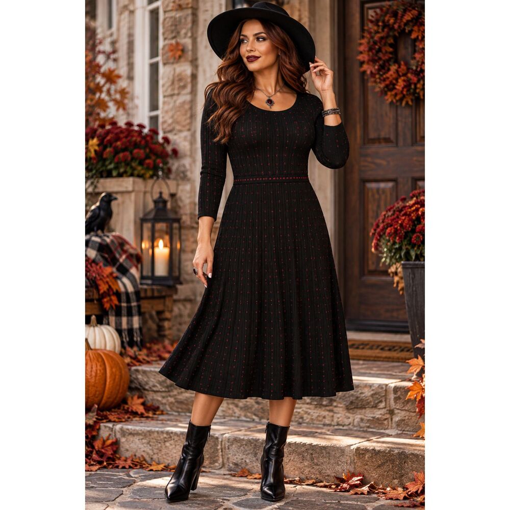Nina Leonard L Black Red Ribbed Knit Midi Sweater Dress Fit Flare Vampy